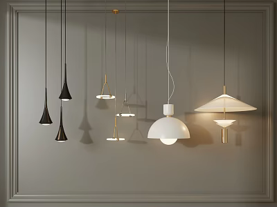 Modern Pendant Lights Collection With Various Shapes Black Gold White Colors Against Minimalist Gray Wall 3d model