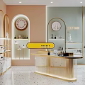 Elegant Modern Boutique Interior With Gold Arch Decorations Display Shelves And Counter