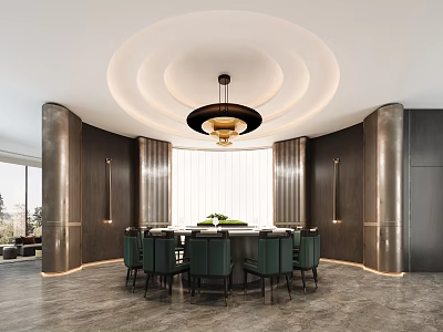 Modern Luxury Private Dining Room Interior With Circular Table And Green Chairs 3d model
