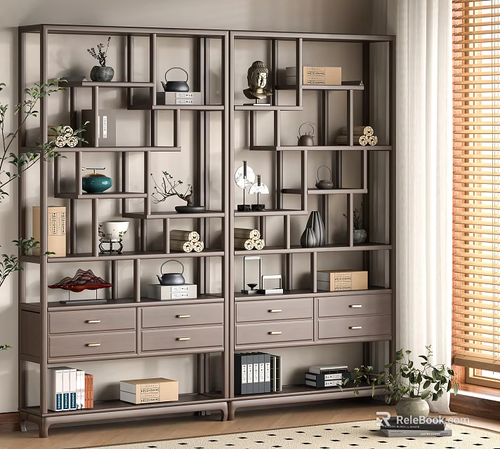 Antique Style Chinese Display Shelf With Vases Tea Sets Drawers Books And Decorative Plants Near Window 3d model 