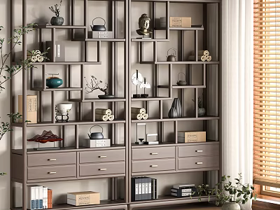 Antique Style Chinese Display Shelf With Vases Tea Sets Drawers Books And Decorative Plants Near Window 3d model