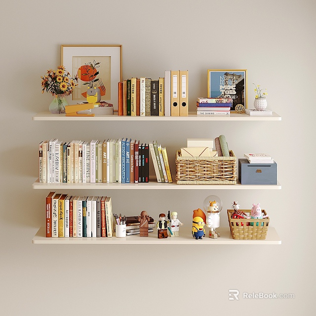 Chic Decorative Ornament Combination With Books Photo Frames Figurines And Baskets On Wall Shelves 3d model 