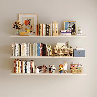 Chic Decorative Ornament Combination With Books Photo Frames Figurines And Baskets On Wall Shelves 3d model
