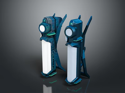 Futuristic Modern Furniture Display Stands With Deep Blue Frame White Panels And Green Glowing Accents 3d model