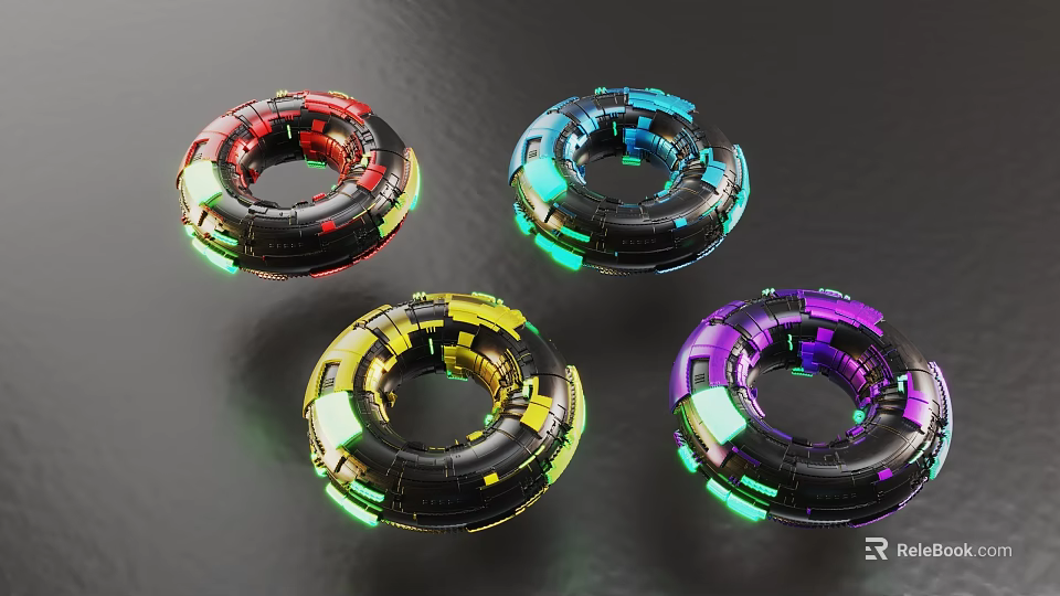 Colorful Glowing Ring Shaped Decorative Objects With Neon Green Lights And Vibrant Colors 3d model 