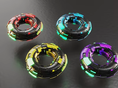 Colorful Glowing Ring Shaped Decorative Objects With Neon Green Lights And Vibrant Colors 3d model