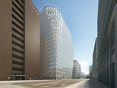 Modern Office Building With Glass Curtain Wall On Urban Street With Pedestrians 3d model