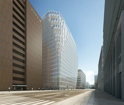 Modern Office Building With Glass Curtain Wall On Urban Street With Pedestrians 3d model