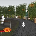 Scenic Park Landscape With Green Trees Curved Stone Paths Benches Mushroom Decorations and Lantern Lights