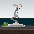 Silver Flying Bird Sculpture with Marble Base by Waterfront and Green Shrub