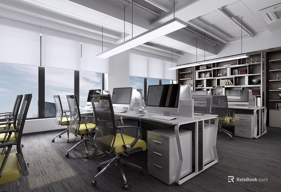 Modern Open Public Office Space with Desks Computers Chairs Bookshelves and Large Windows 3d model 
