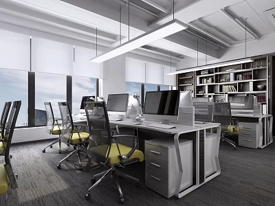 Modern Open Public Office Space with Desks Computers Chairs Bookshelves and Large Windows 3d model