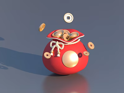 Red Money Bag With Gold Coins Scattered Coins And Decorative Knot On Blue 3d model