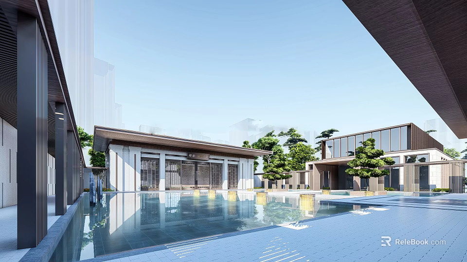 Modern Sales Center Building With Glass Walls Reflective Water Pool And Landscaped Trees 3d model 