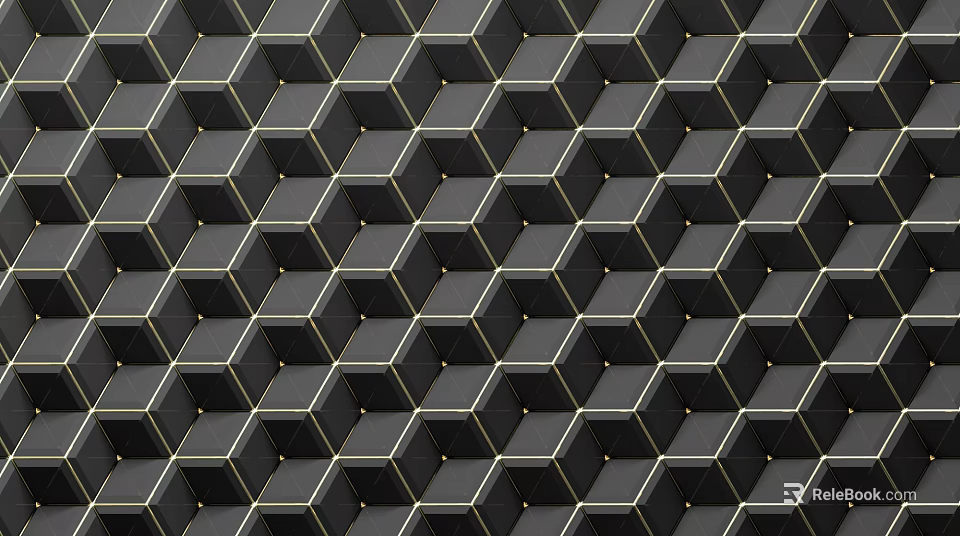 Geometric Pattern Wall With Black Cubes And Gold Decorative Lines Design 3d model 