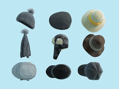 Various Stylish Hats Collection Including Knitted Beanies Beret Straw And Flat Cap Designs 3d model