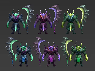 Game And Movie Monster Character Designs With Horned Features Bladed Wings And Various Colors 3d model