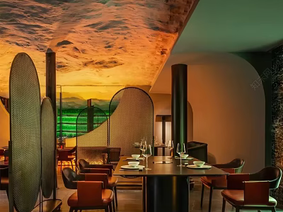 Stylish Restaurant Interior With Warm Lighting Curved Partitions And Dining Tables 3d model