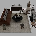 Brown Sofa and Coffee Table Set with Cushions Round Table Area Rug and Decorative Elements 3d model