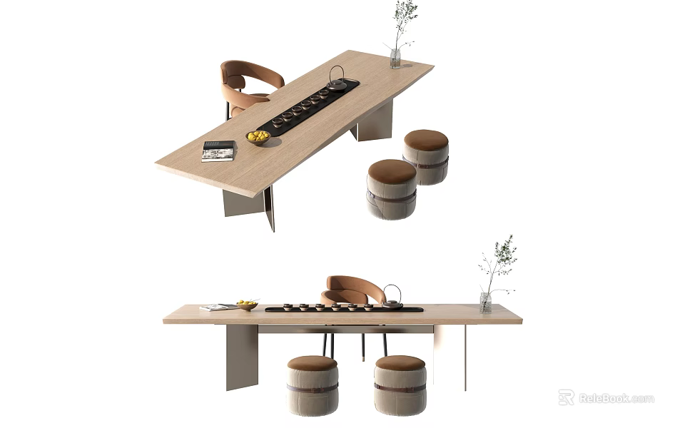Modern Wooden Tea Table Set With Stools Tea Set And Decorative Plant 3d model