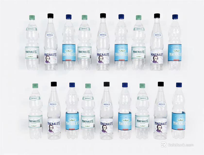 Refreshing Bottled Water In Transparent Bottles With Various Colored Caps And Labels 3d model 