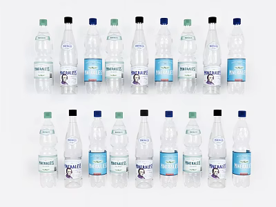 Refreshing Bottled Water In Transparent Bottles With Various Colored Caps And Labels 3d model