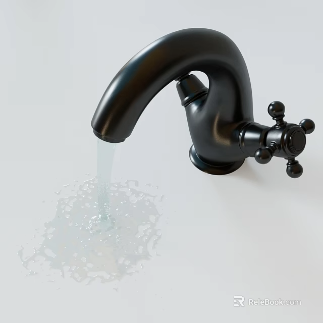 Black Bathroom Faucet With Running Water On White Countertop Accessory 3d model 