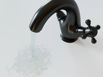 Black Bathroom Faucet With Running Water On White Countertop Accessory 3d model