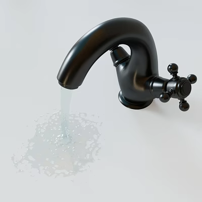 Black Bathroom Faucet With Running Water On White Countertop Accessory 3d model