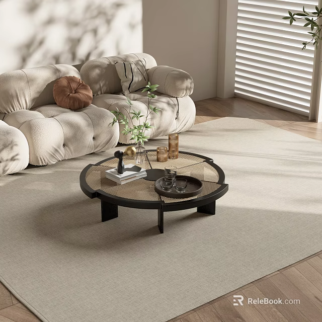Round Glass Coffee Table With Black Frame Tray Green Plant And Books In Living Room 3d model 