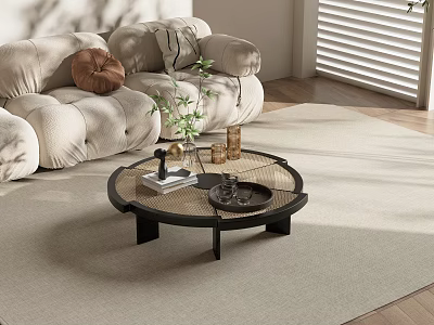 Round Glass Coffee Table With Black Frame Tray Green Plant And Books In Living Room 3d model