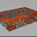 Medieval Blacksmith Workshop Interior With Wooden Workbench Barrels Hanging Tools And Gray Brick Walls