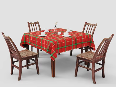 Classic Dining Table Set with Red Green Plaid Tablecloth and Wooden Chairs with Woven Seats 3d model