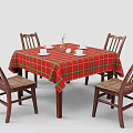 Classic Dining Table Set with Red Green Plaid Tablecloth and Wooden Chairs with Woven Seats