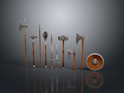 Medieval Weapons Display Featuring Axes Spears Swords And Wooden Shield On Reflective Gray Background 3d model