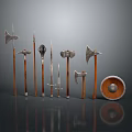 Medieval Weapons Display Featuring Axes Spears Swords And Wooden Shield On Reflective Gray Background