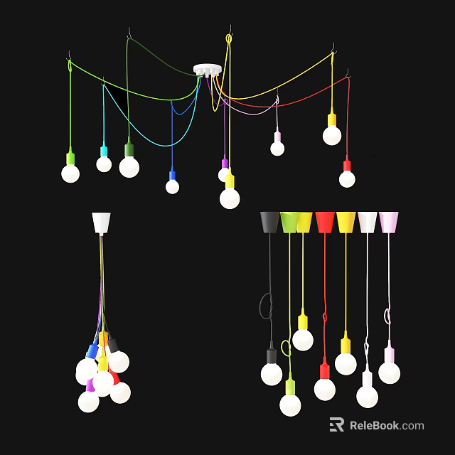 Colorful Modern Chandeliers With Multiple Bulbs Colored Cords And Different Bases For Interior Decor 3d model 