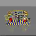 Art Photography Exhibition Booth With Yellow Frame Blue Yellow Striped Mat Displayed Photos And People