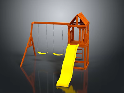 Wooden Playground Set With Yellow Slide Swing Seats And Tower Structure For Kids 3d model