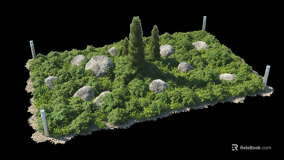 Lush Shrubs in Garden Landscape with Rocks and Coniferous Trees Creating Natural Outdoor Setting 3d model 