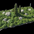 Lush Shrubs in Garden Landscape with Rocks and Coniferous Trees Creating Natural Outdoor Setting