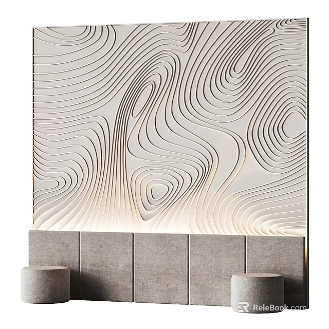 Elegant Modern Bedroom Accent Wall Design With White Gray Wavy Lines And LED Lighting 3d model 