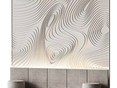 Elegant Modern Bedroom Accent Wall Design With White Gray Wavy Lines And LED Lighting 3d model