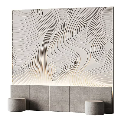 Elegant Modern Bedroom Accent Wall Design With White Gray Wavy Lines And LED Lighting 3d model