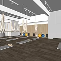 Spacious Yoga Fitness Studio With Aerial Hammocks Yoga Mats And Exercise Balls On Wooden Floor
