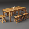 Simple Wooden Rectangular Dining Table Set With Six Matching Stools 3d model