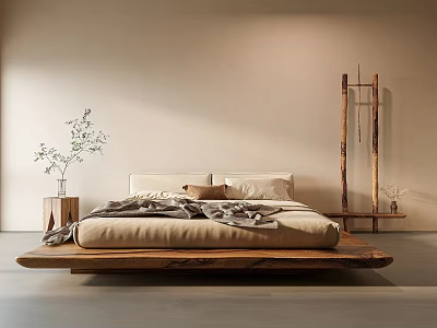 Cozy Minimalist Bedroom Featuring Floating Wooden Bed Beige Sheets Gray Blanket And Potted Plant 3d model