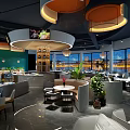 Modern Restaurant Interior With Chef At Bar Counter Green Walls Round Pendant Lights And Plants