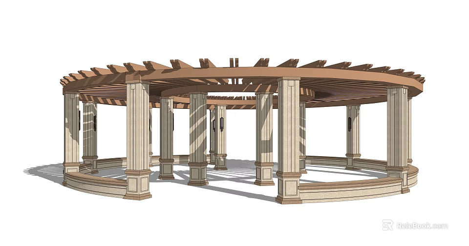 Outdoor Circular Pergola Featuring Wooden Top Structure And White Decorative Columns 3d model 
