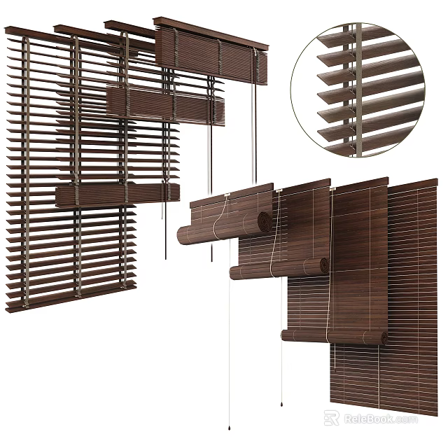 Wooden Venetian Blinds In Brown With Adjustable Slats And Detail View 3d model 